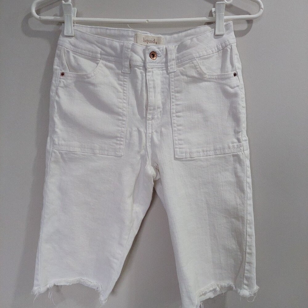 Liquid X White Denim Utility Shorts - Frayed Hem Mid Rise Size 6